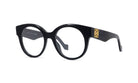 A pair of black-framed glasses with a gold logo on the side.