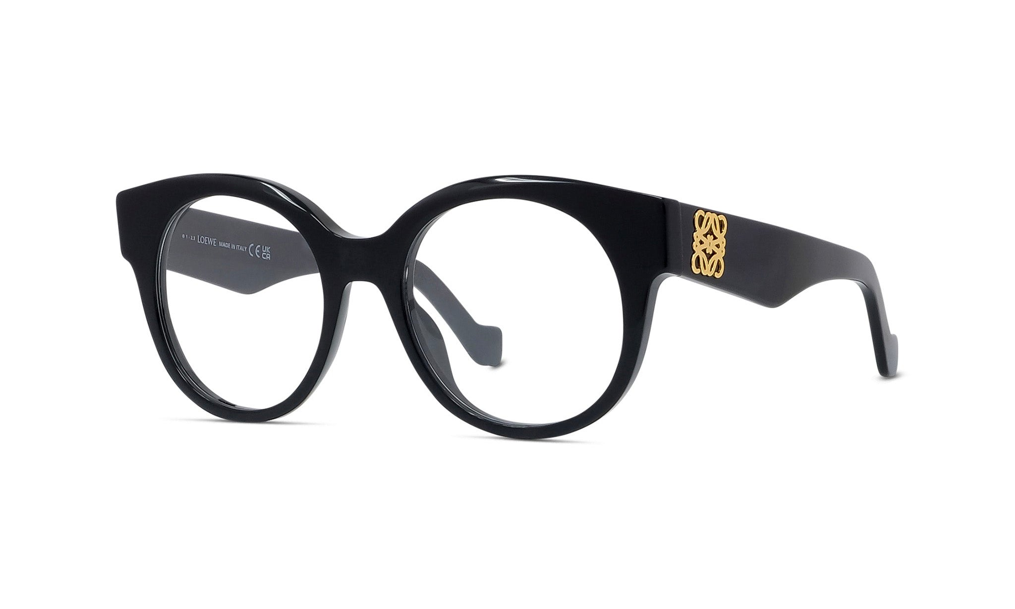 A pair of black-framed glasses with a gold logo on the side.
