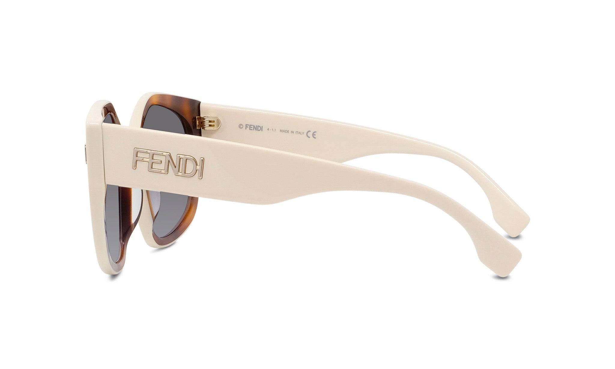A pair of white Fendi sunglasses with brown lenses.