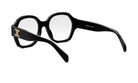 A pair of black, square-framed glasses with a gold logo on the side.