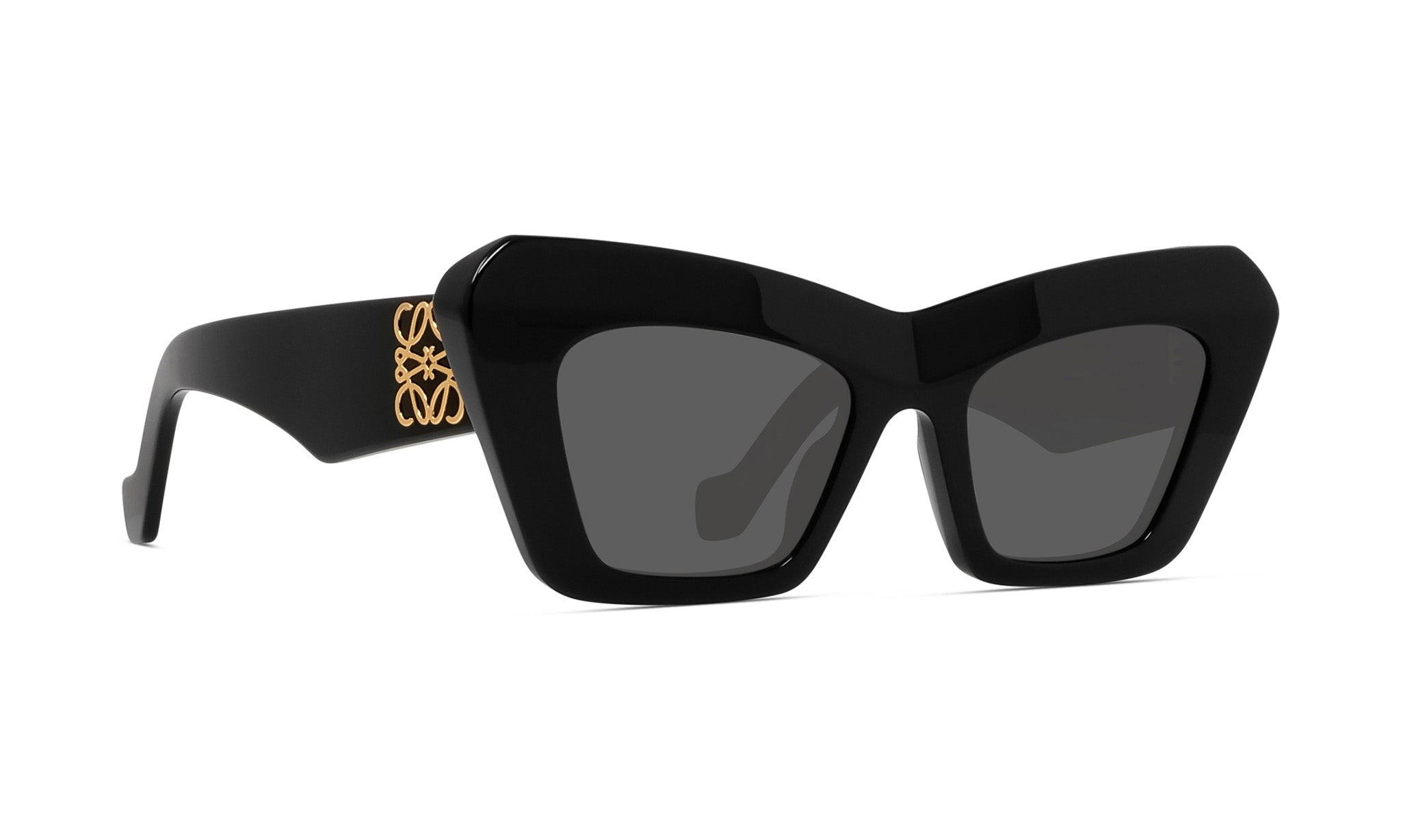 A pair of black cat-eye sunglasses with gold accents.