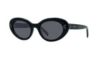 A pair of black oval-shaped sunglasses with dark lenses.