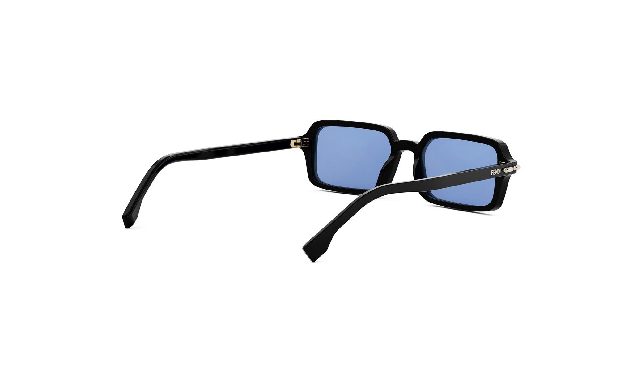 A pair of black-framed sunglasses with blue lenses, positioned facing the viewer.