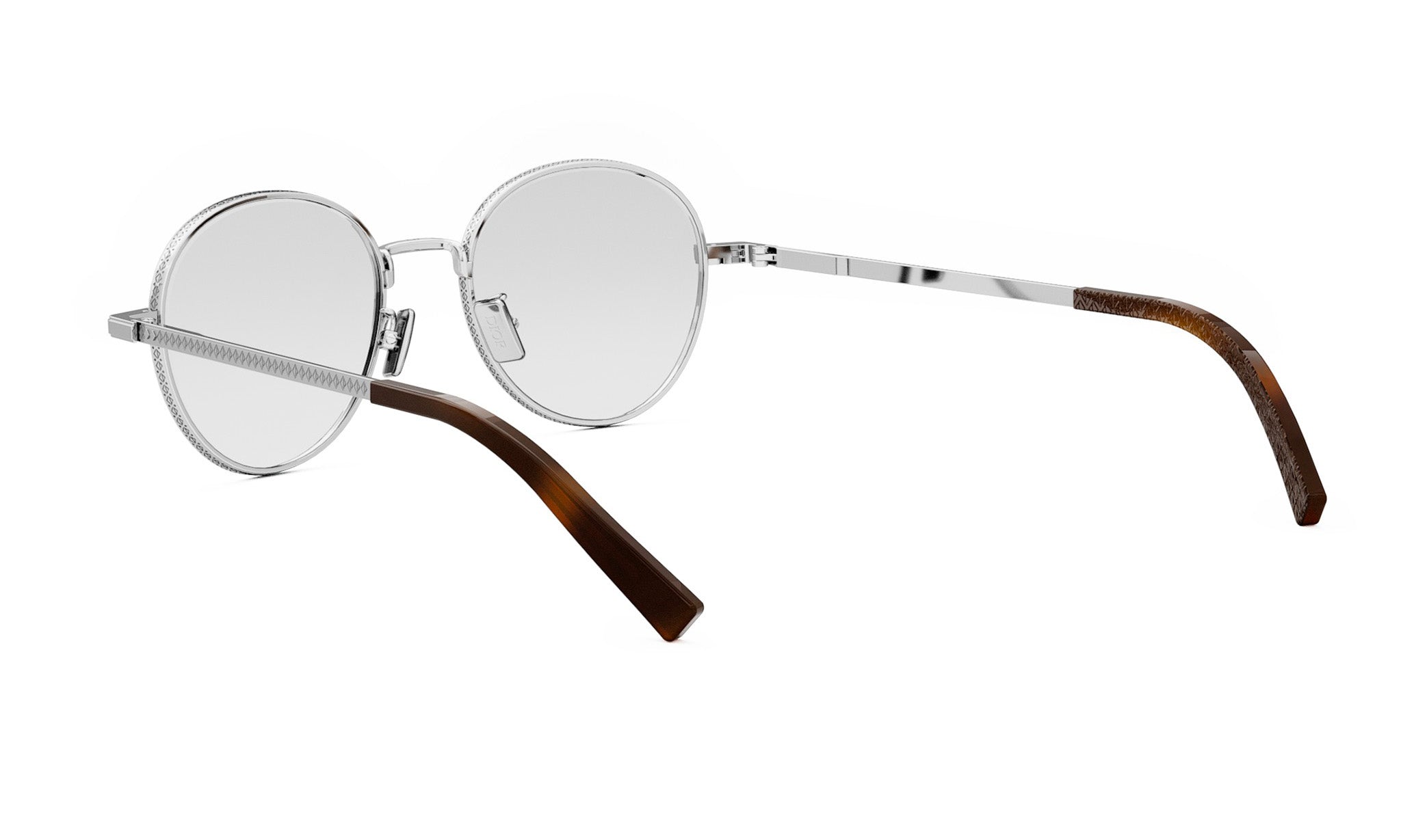 A pair of round, silver-framed glasses with brown wooden handles.