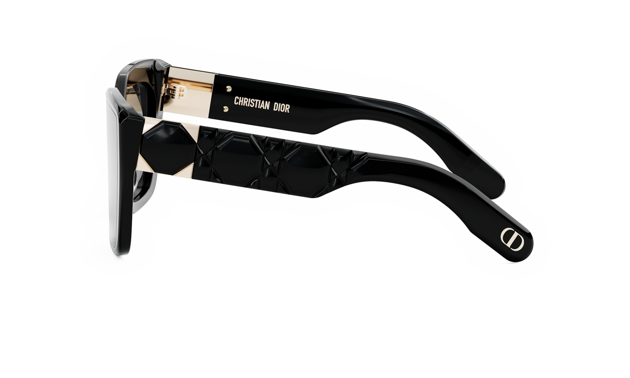 A pair of black sunglasses with gold accents and the logo of Christian Dior.