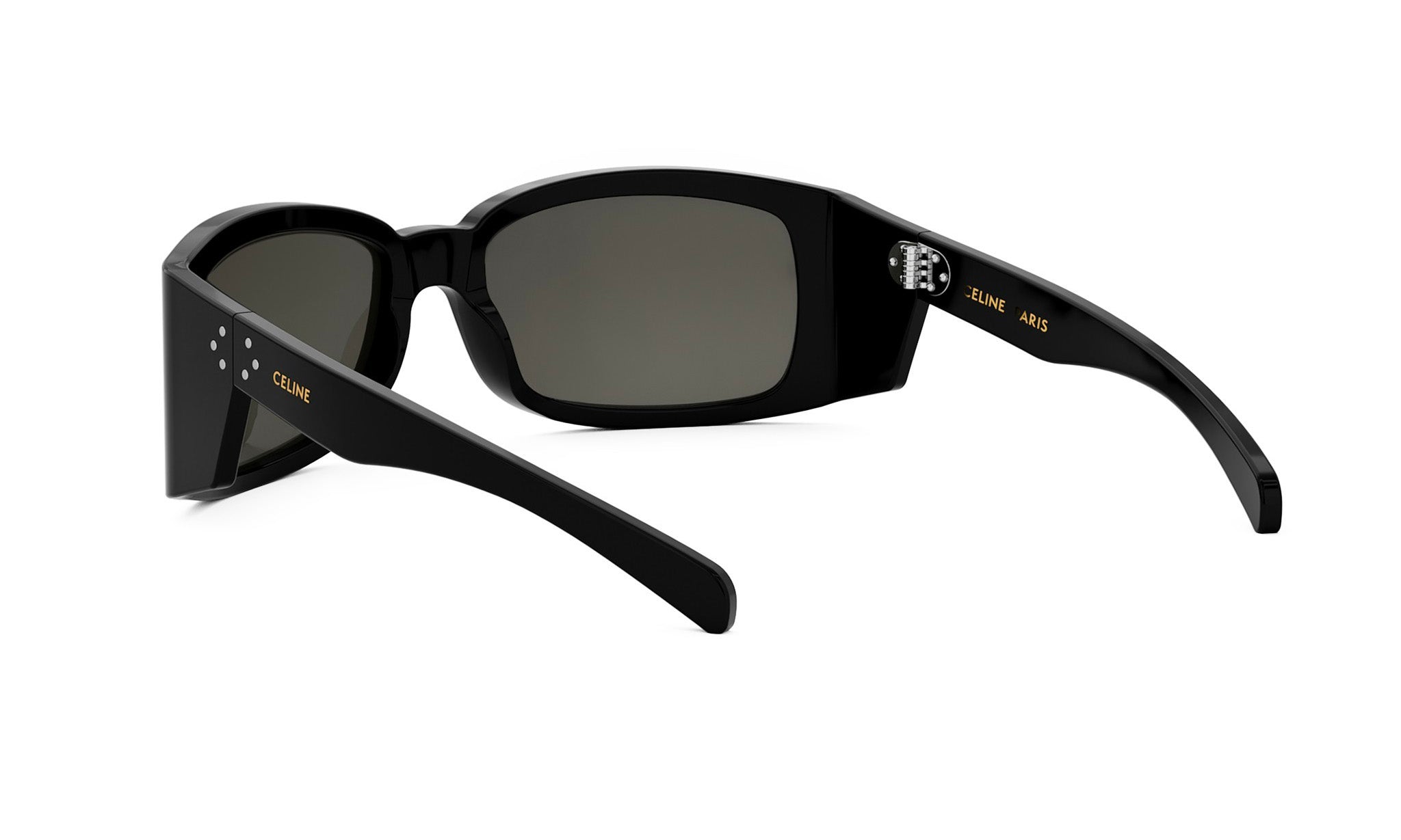 A pair of black sunglasses with a dark frame and dark lenses.