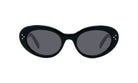 A pair of black sunglasses with dark lenses.