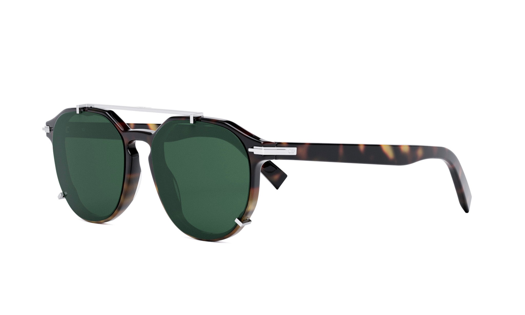 A pair of sunglasses with dark green lenses and a dark brown frame.