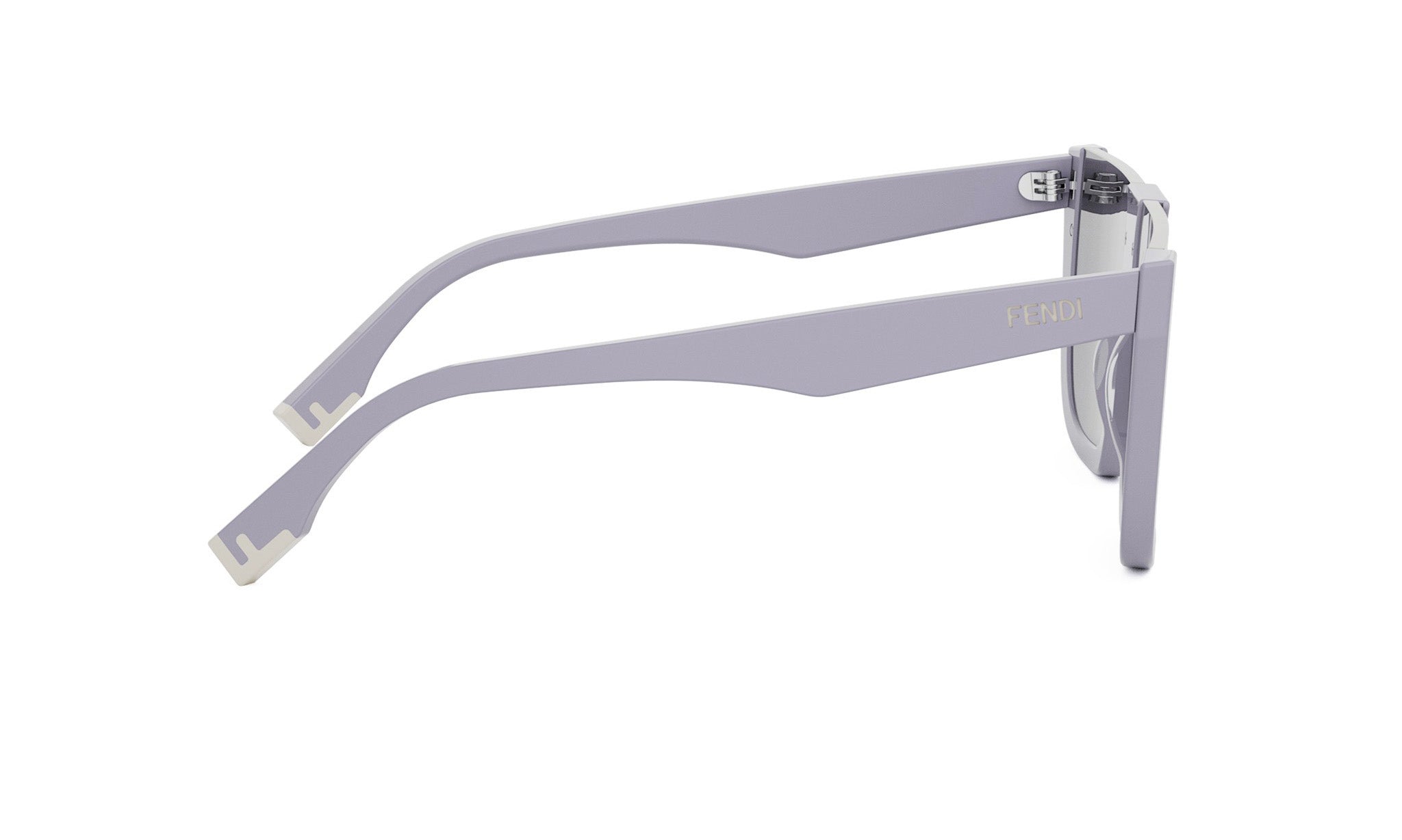A pair of gray sunglasses with a Fendi logo on the frame.
