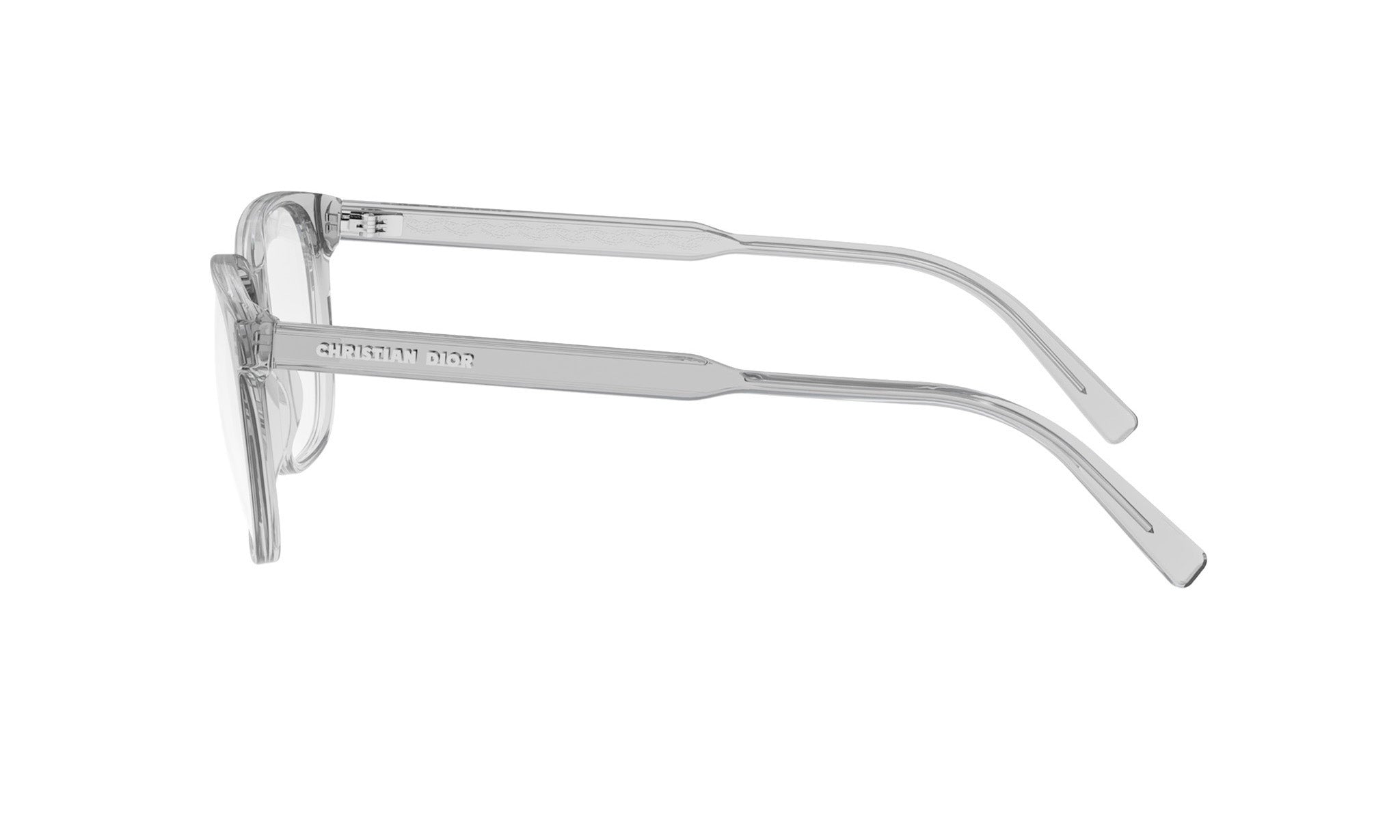 A pair of clear, modern-looking eyeglasses with a sleek, minimalist design.