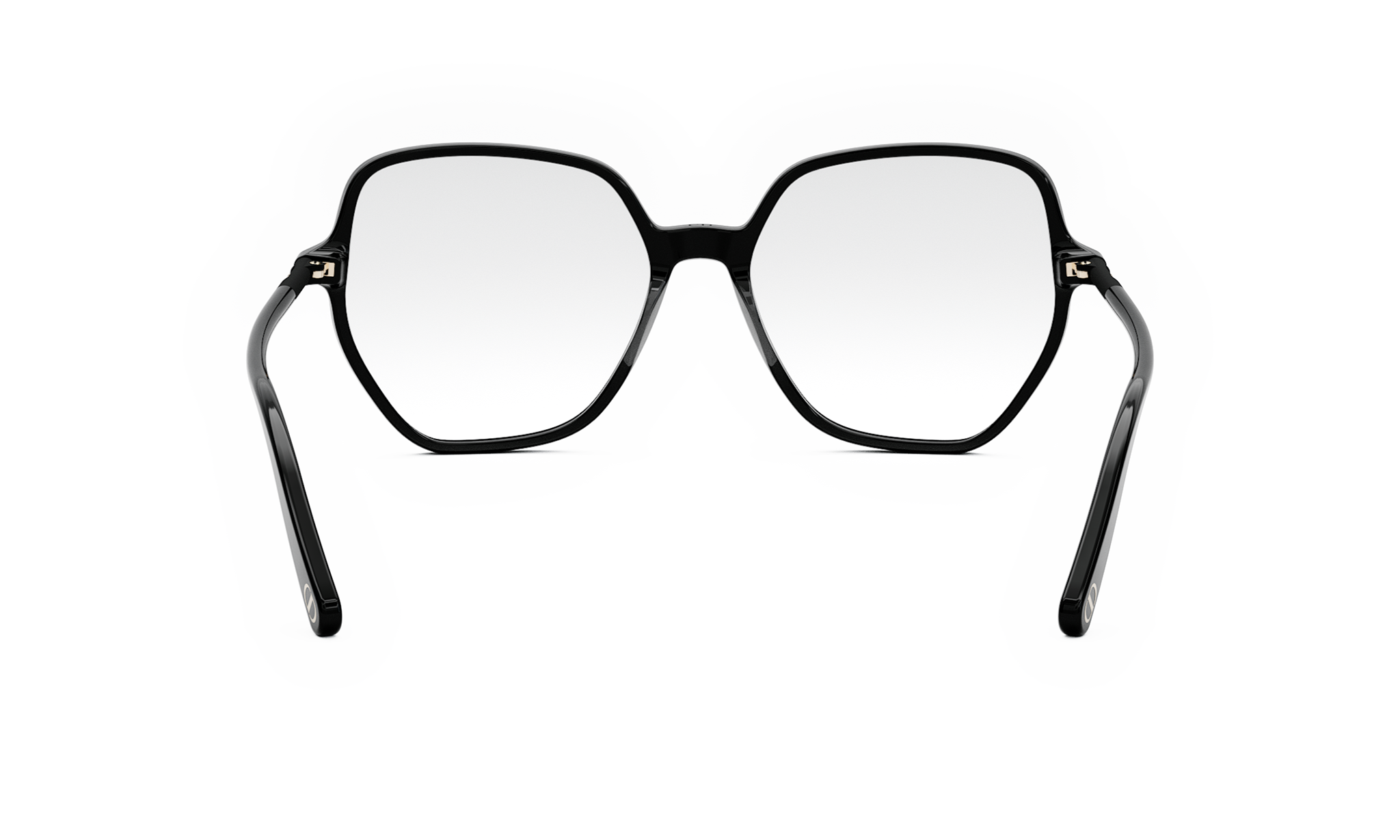 A pair of black-framed glasses with a hexagonal frame, shown from the back view.