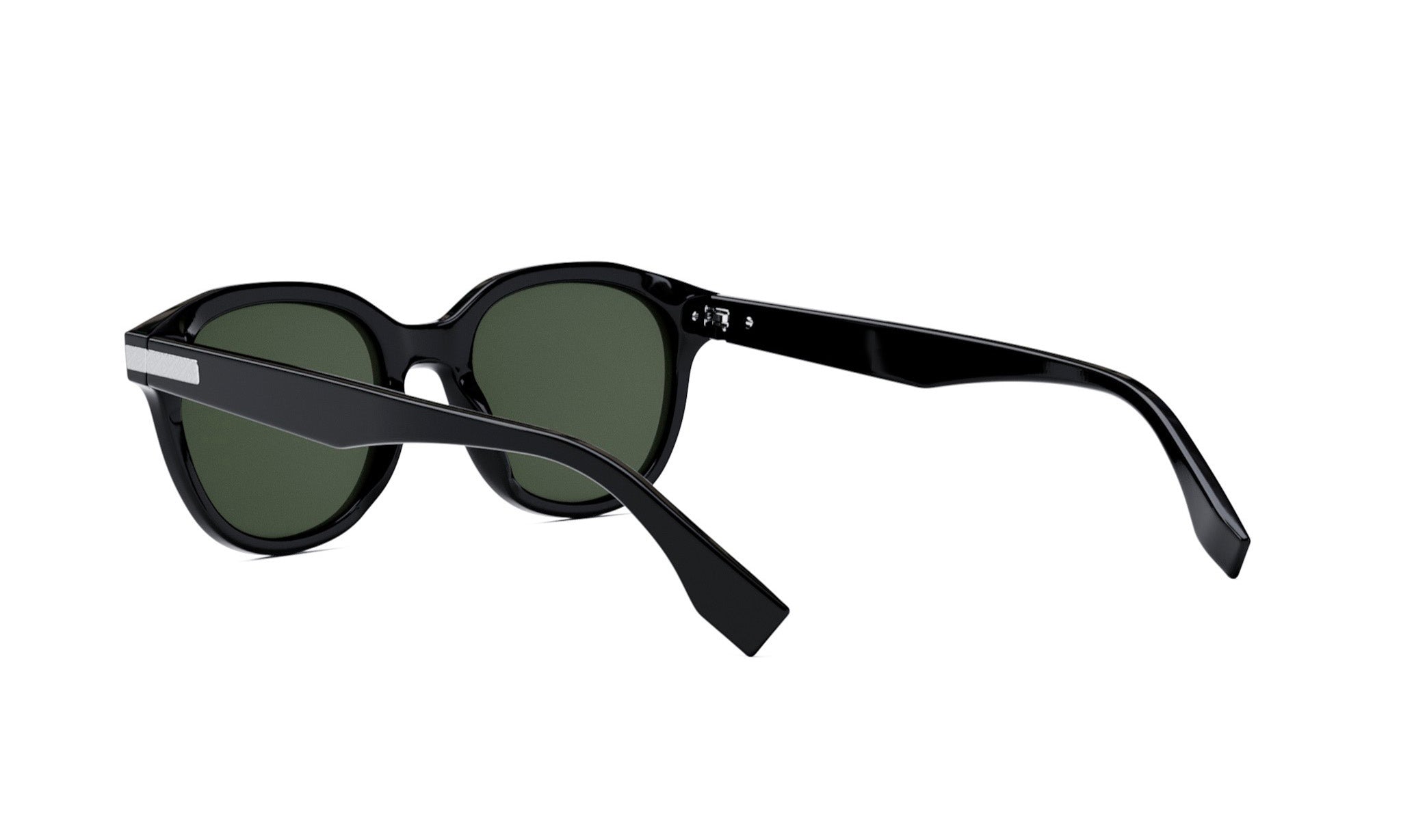 A pair of black sunglasses with dark green lenses.
