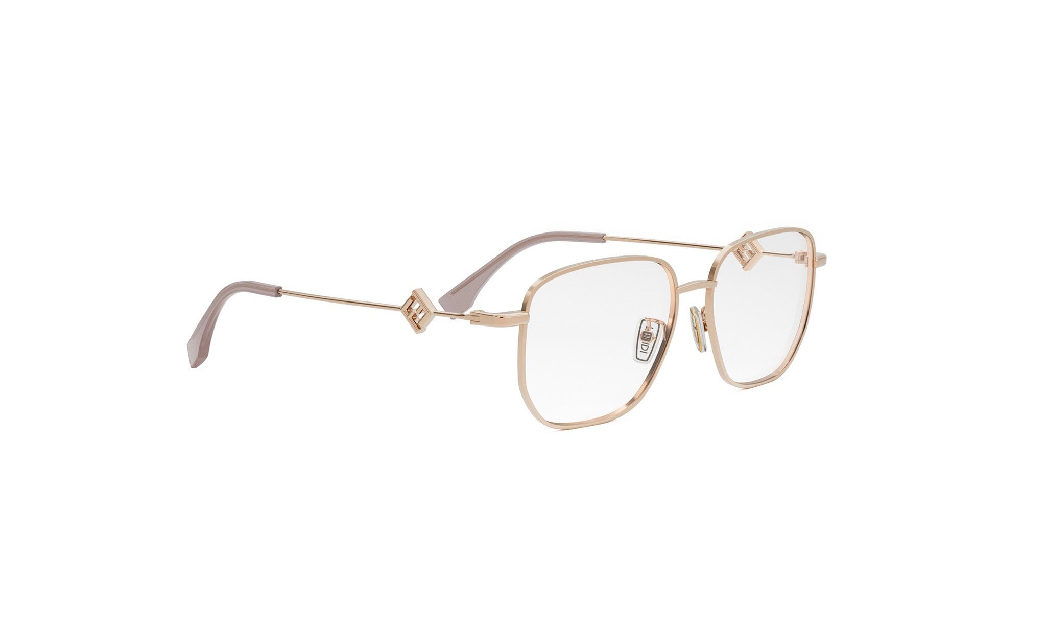 A pair of gold-colored, rectangular-shaped glasses with a thin frame and clear lenses.