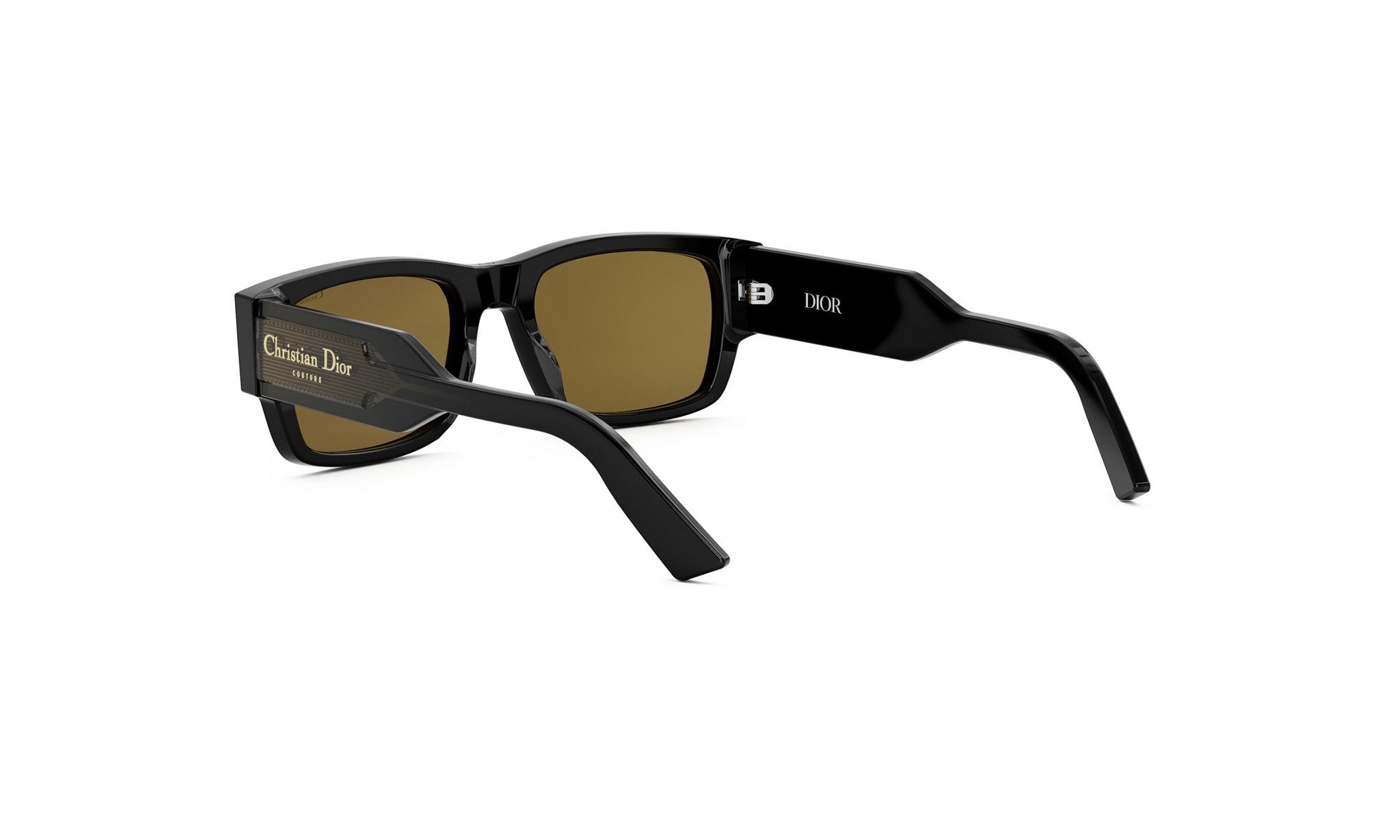A pair of black sunglasses with a gold logo on the frame.