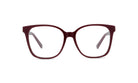 A pair of burgundy-colored eyeglasses with clear lenses, set against a white background.