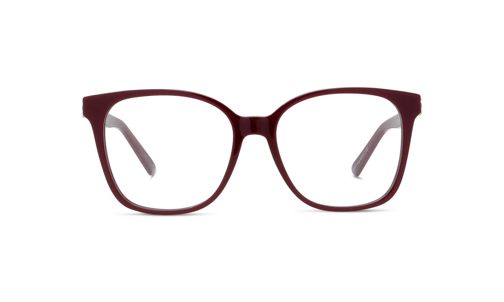 A pair of burgundy-colored eyeglasses with clear lenses, set against a white background.