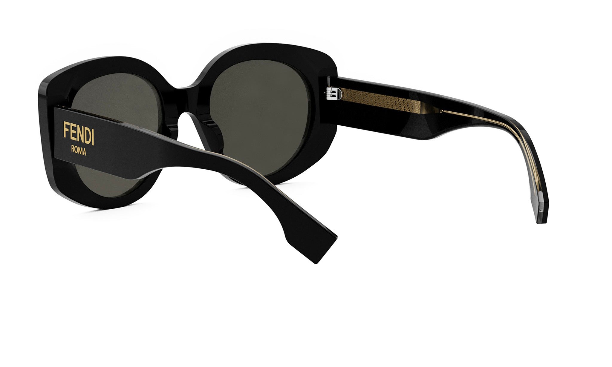 A pair of black sunglasses with gold accents, featuring the Fendi logo on the frame.