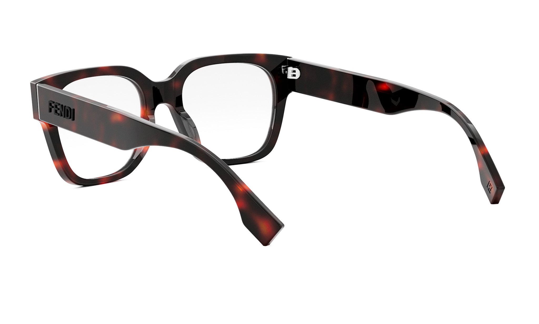 A pair of tortoiseshell-framed glasses with a dark frame and red accents.