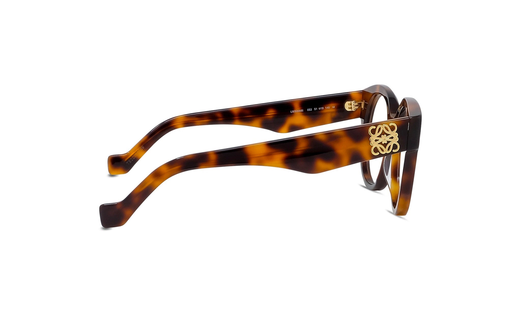 A pair of stylish tortoiseshell-framed glasses with a gold-colored logo on the temples.