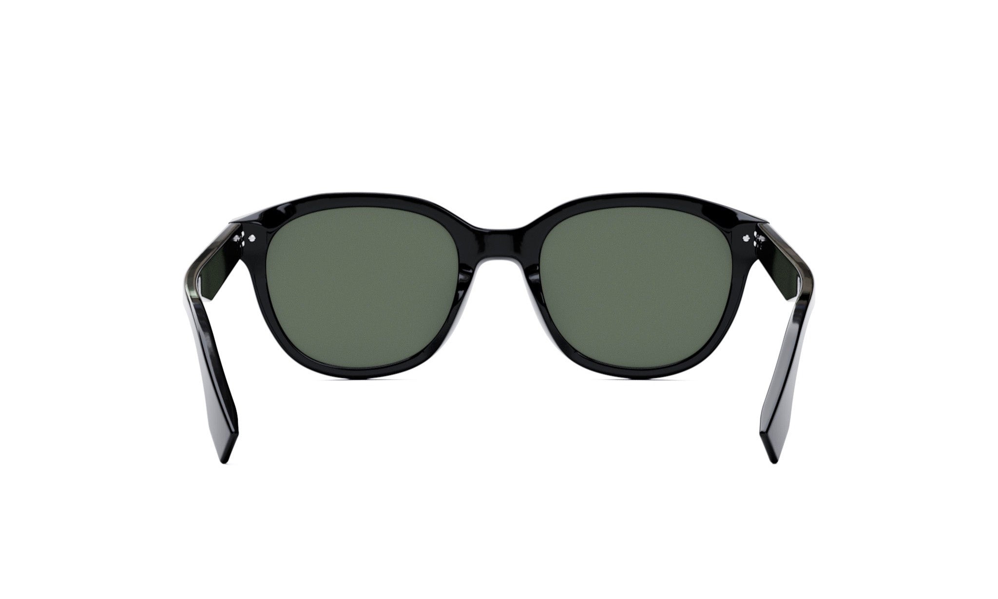 A pair of black sunglasses with dark green lenses.