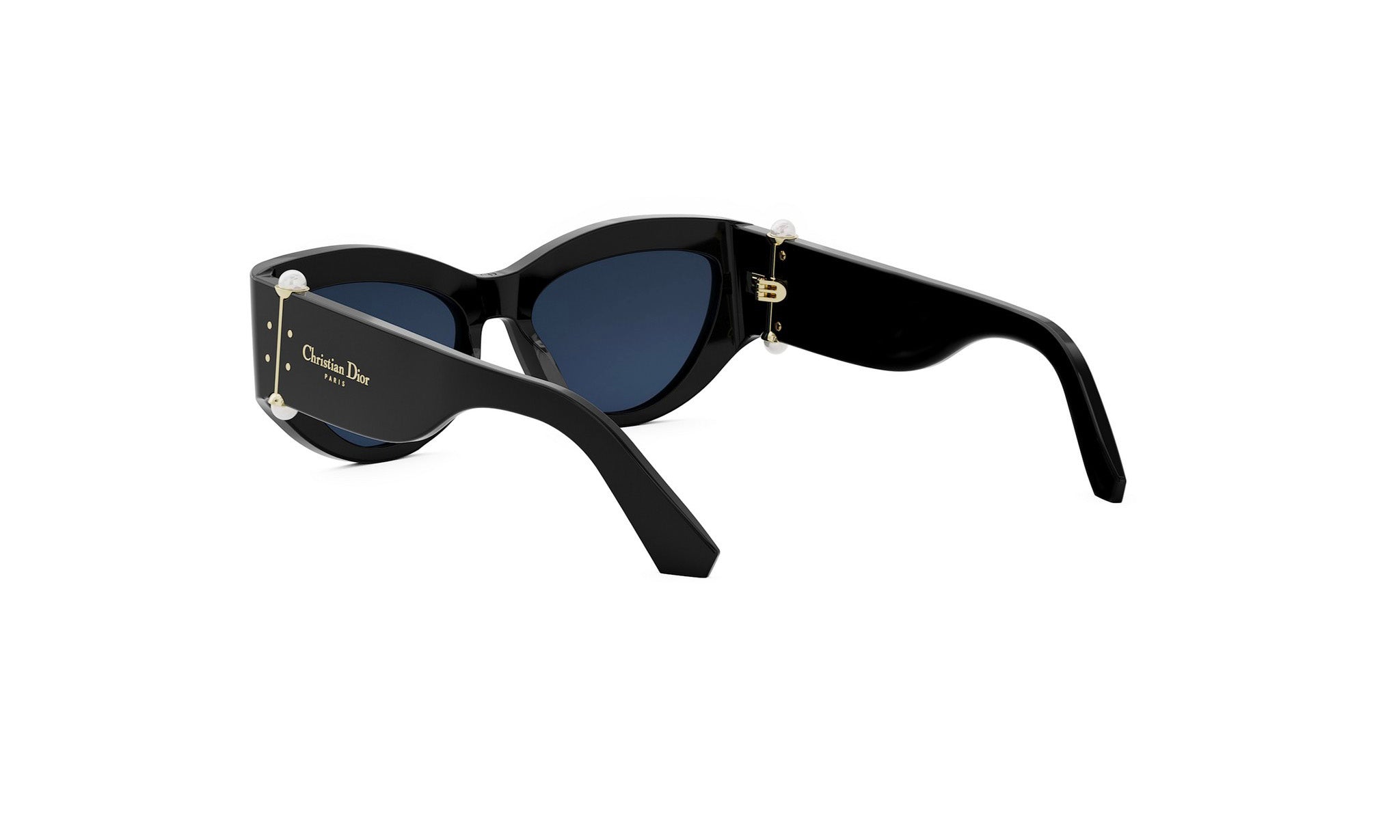 A pair of black sunglasses with gold accents, featuring the Dior logo on the frame.