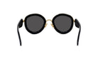 A pair of black round sunglasses with gold accents.