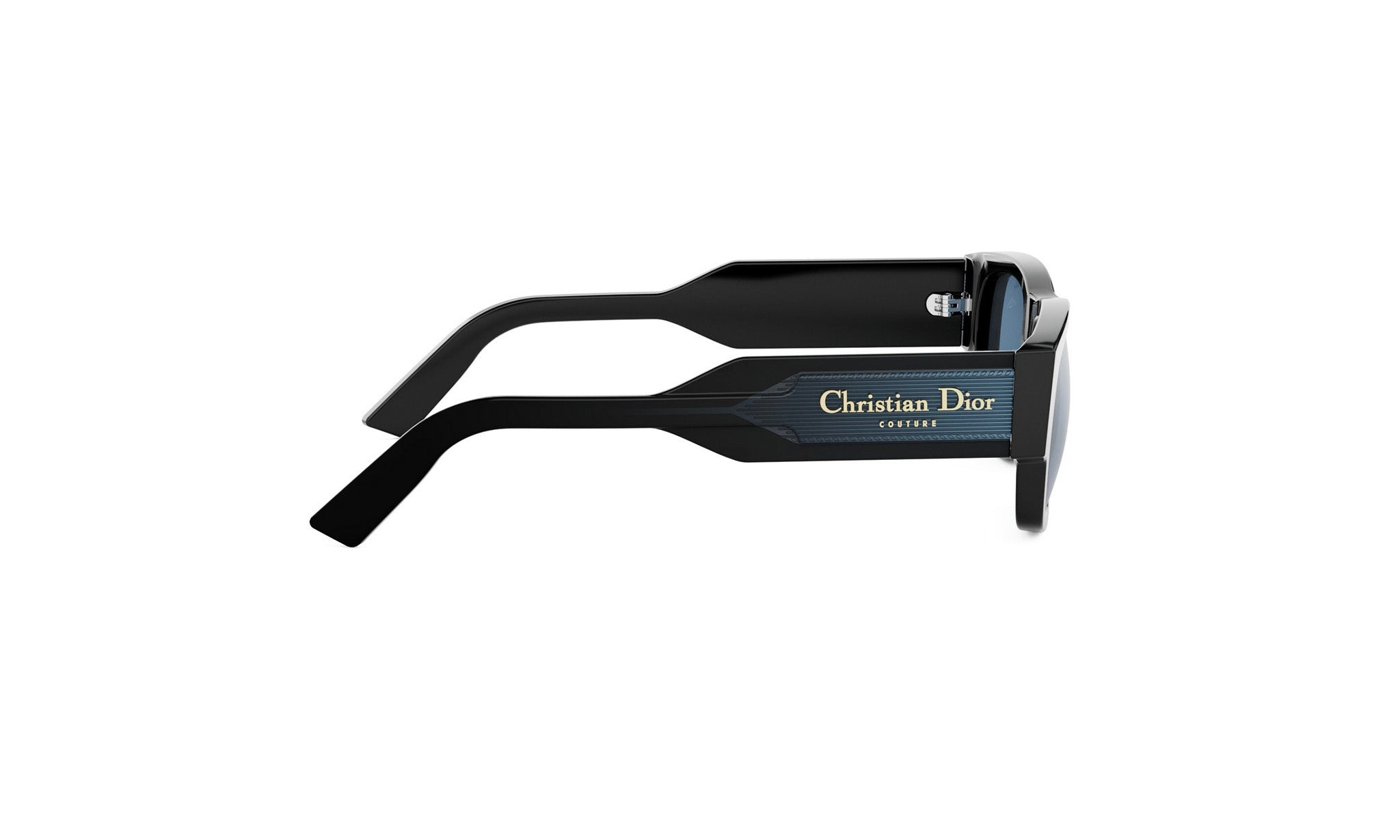 A pair of black sunglasses with the Christian Dior logo on the frame.