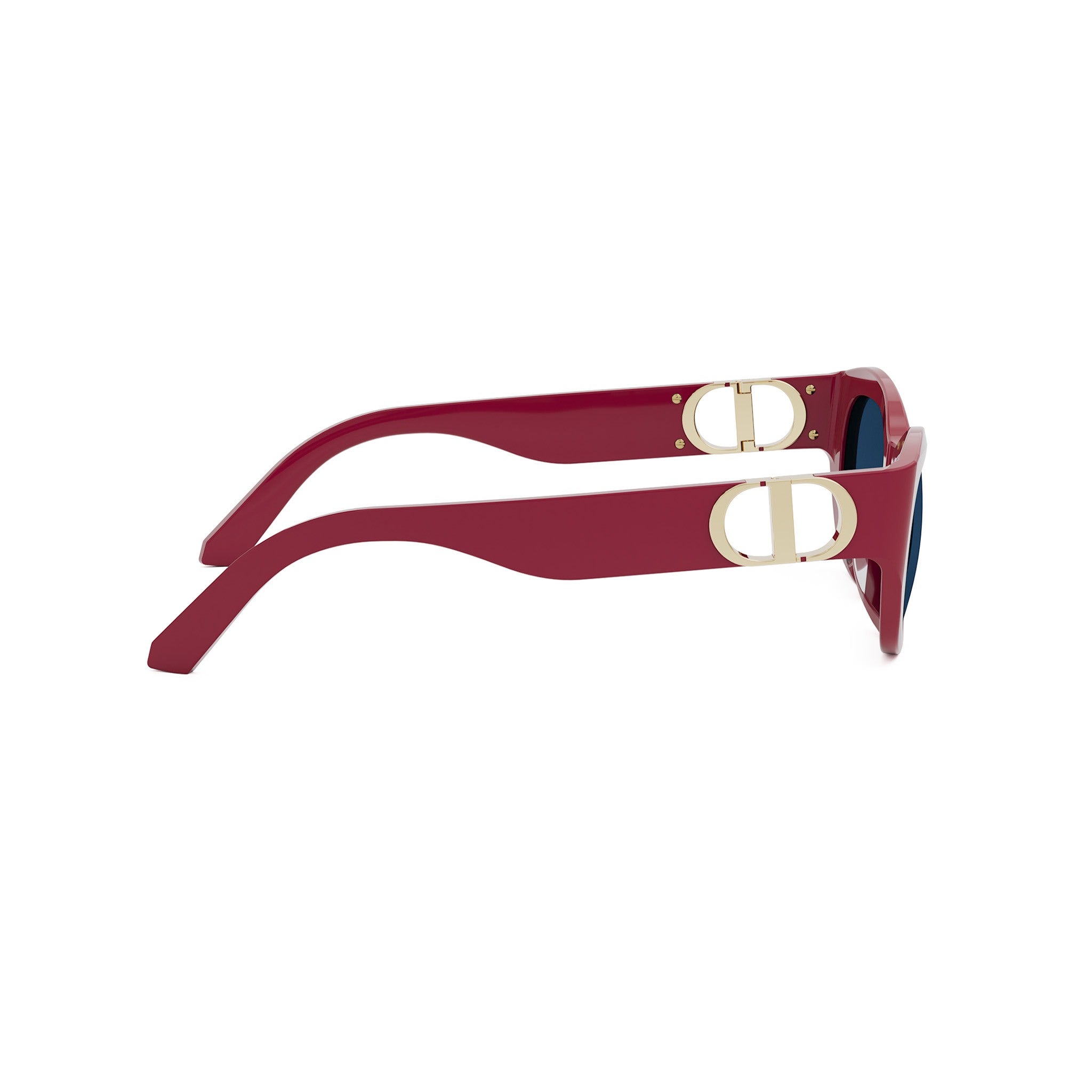A pair of red sunglasses with gold Dior logo accents.