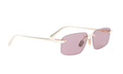 A pair of stylish sunglasses with a gold frame and purple lenses.