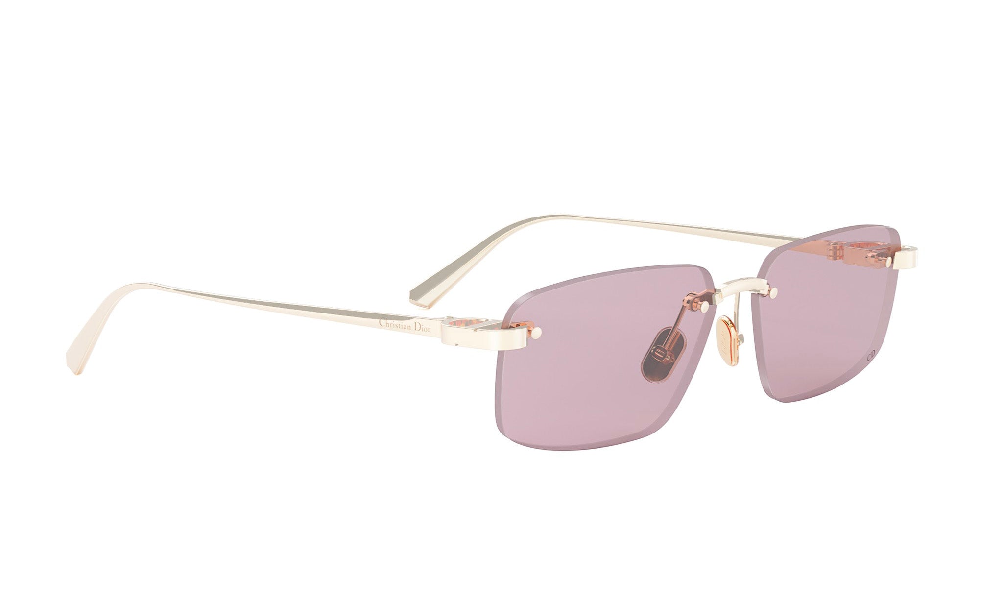 A pair of stylish sunglasses with a gold frame and purple lenses.