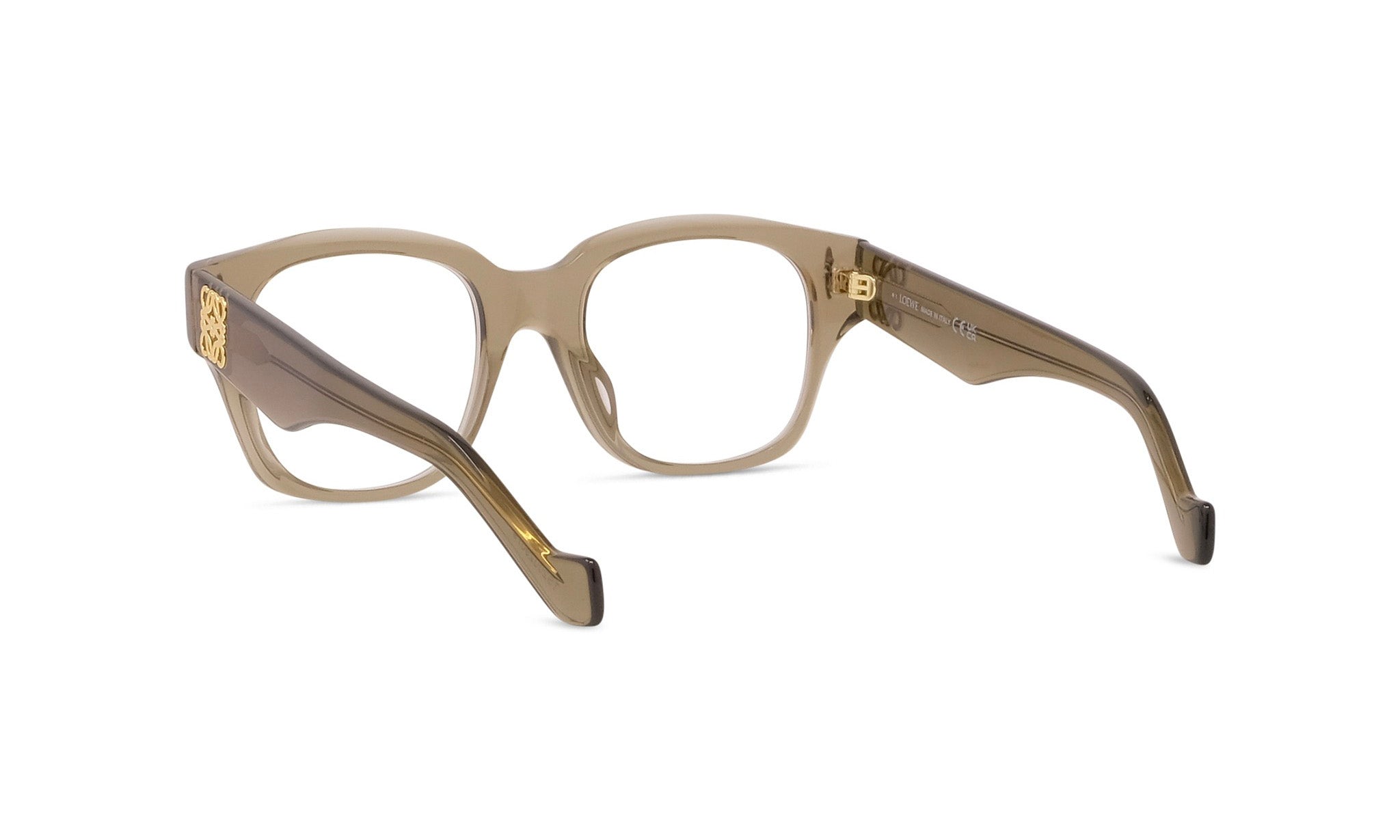 A pair of brown-framed glasses with gold accents, featuring a gold-colored temple piece.