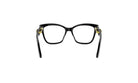 A pair of black-framed glasses with gold accents, positioned facing forward against a white background.