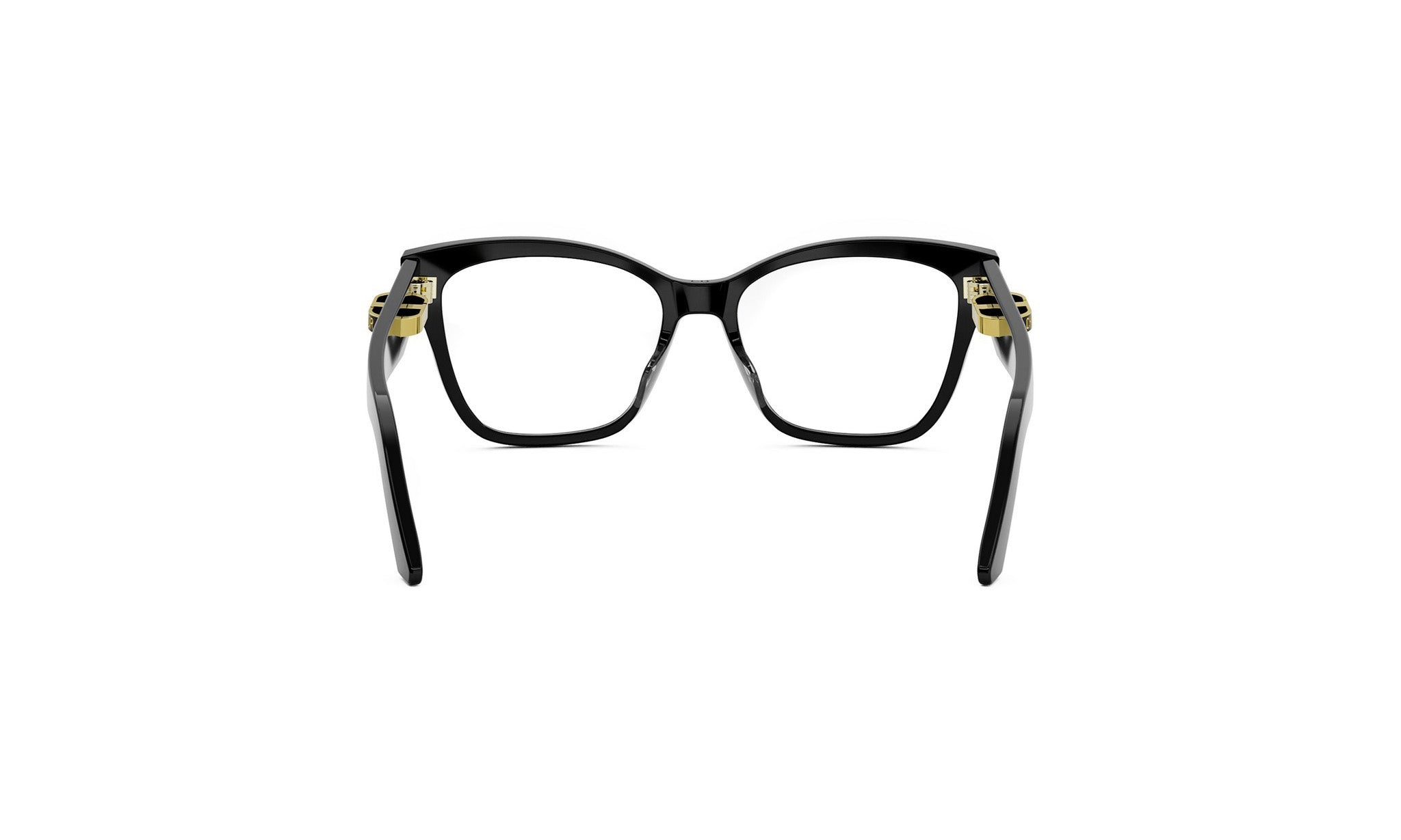 A pair of black-framed glasses with gold accents, positioned facing forward against a white background.