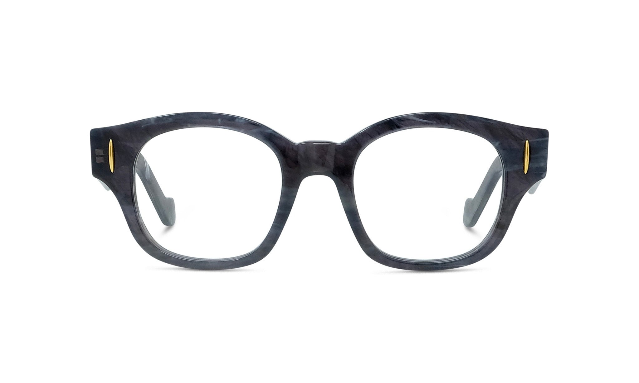 A pair of stylish, black-framed glasses with a sleek, modern design.