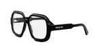 A pair of black-framed glasses with the brand name "Christian Dior" printed on the side.