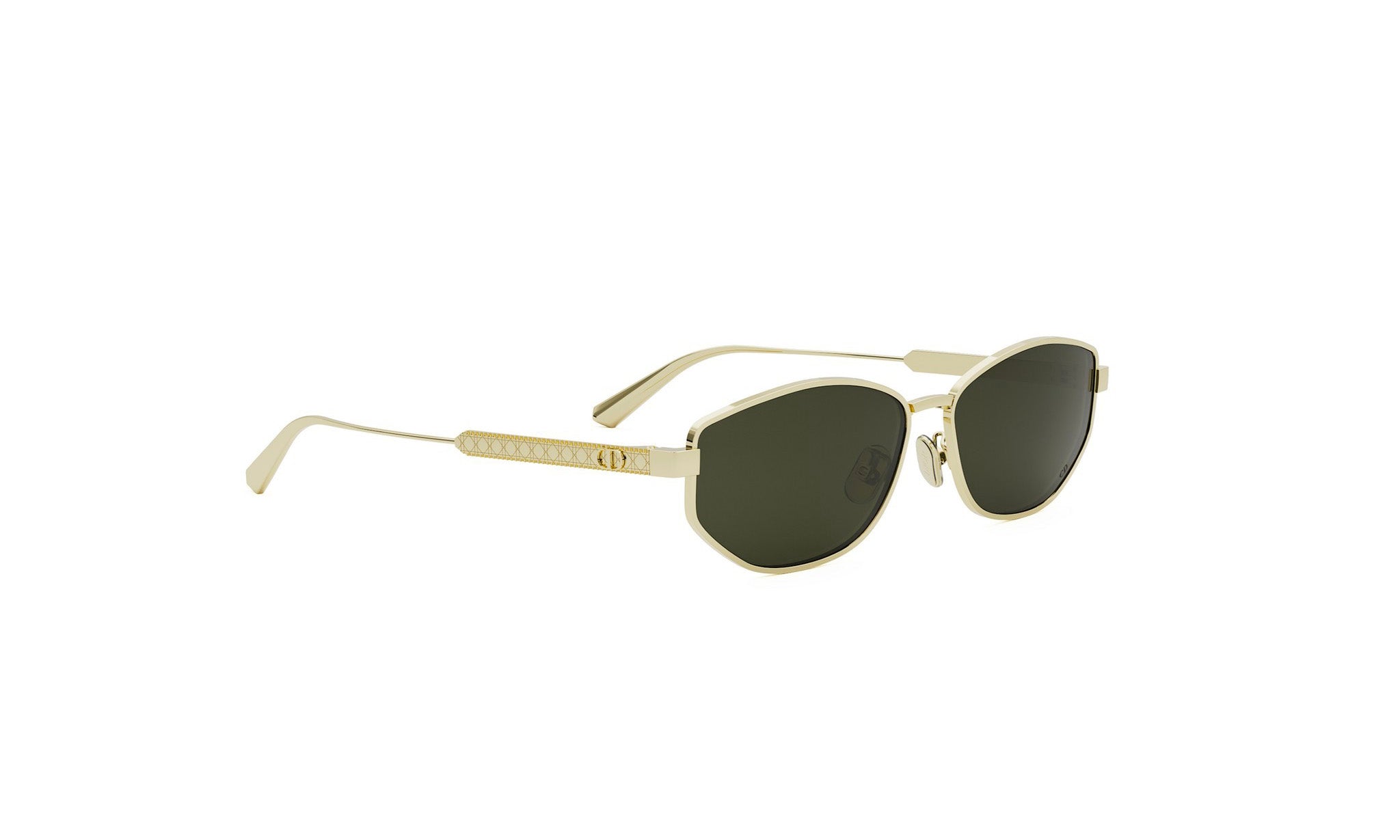 A pair of gold-colored sunglasses with dark lenses.