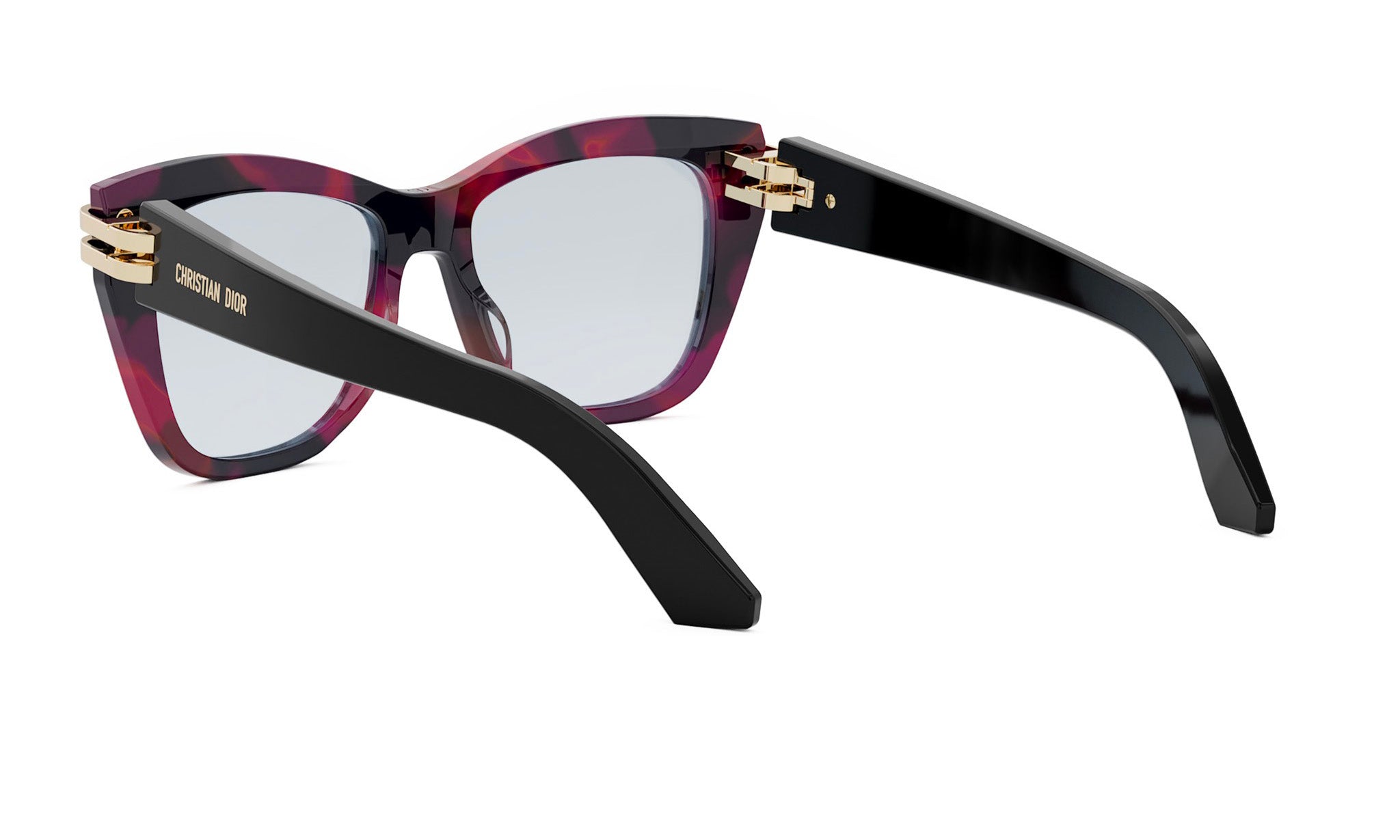 A pair of stylish sunglasses with a dark frame and red-tinted lenses.