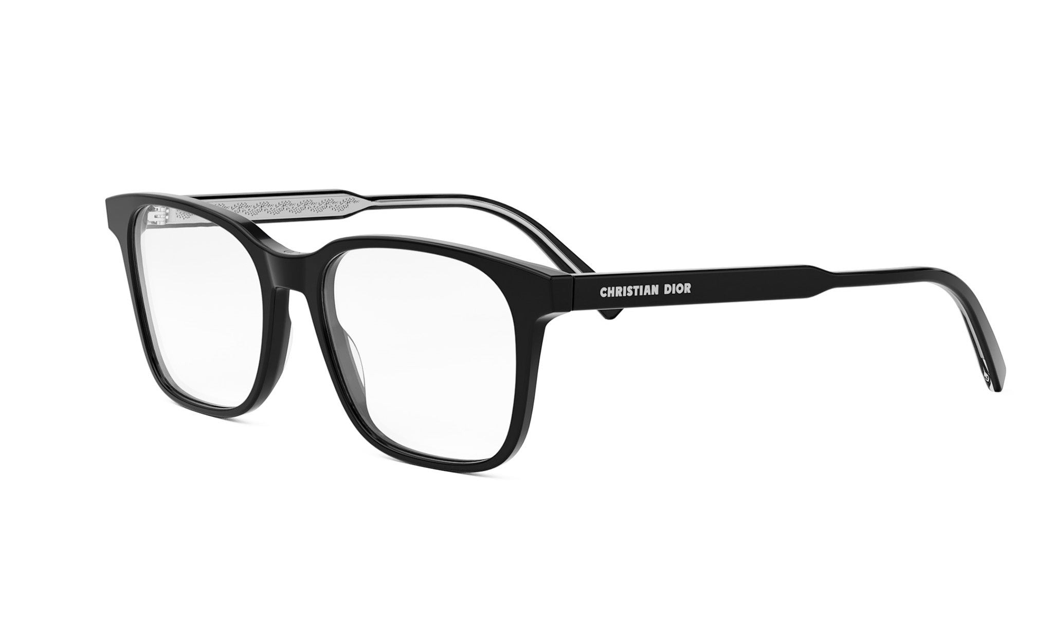 A pair of black-framed glasses with the brand name "Christian Dior" printed on the side.