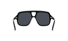 A pair of black sunglasses with dark lenses.