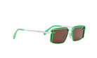 A pair of green-framed sunglasses with brown lenses is shown against a white background.