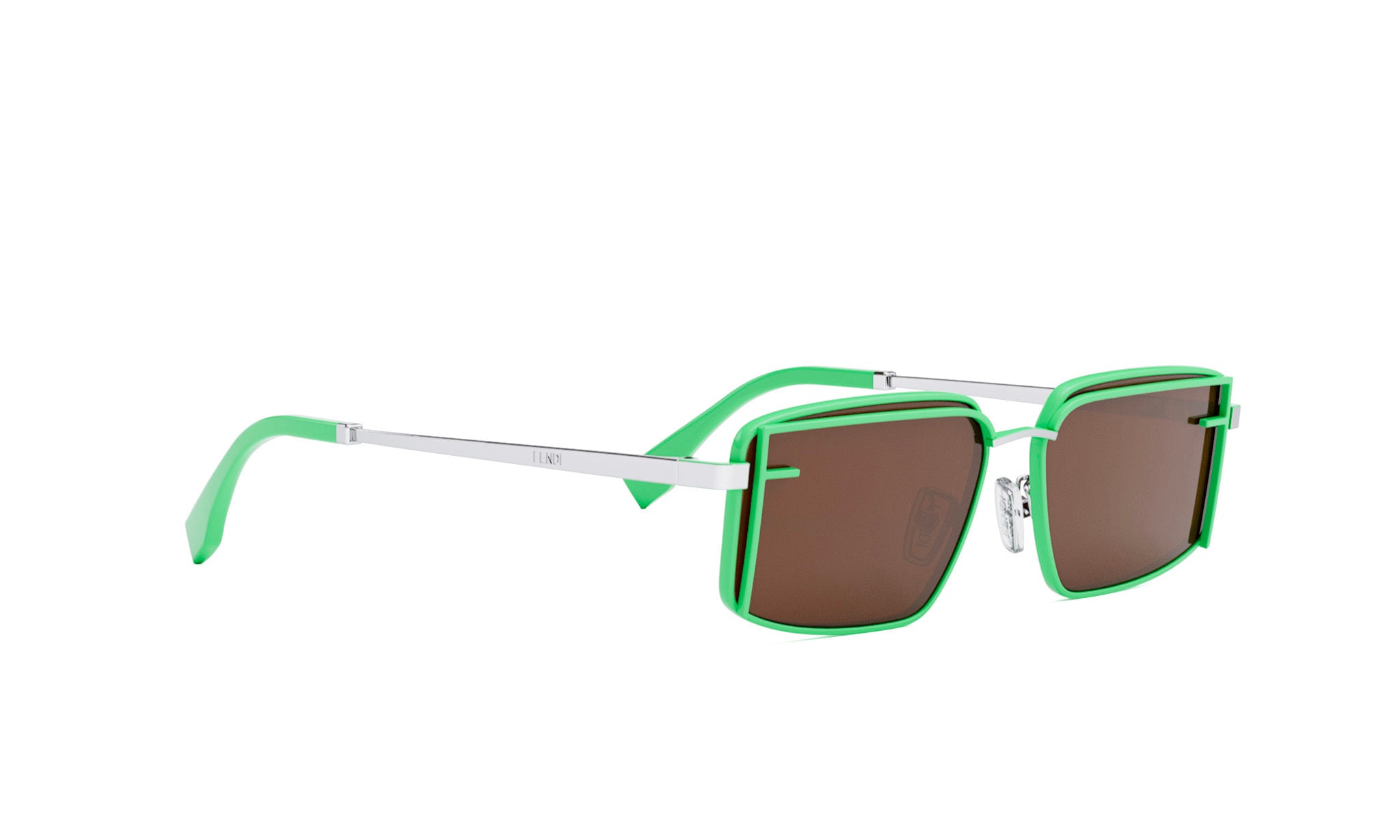 A pair of green-framed sunglasses with brown lenses is shown against a white background.