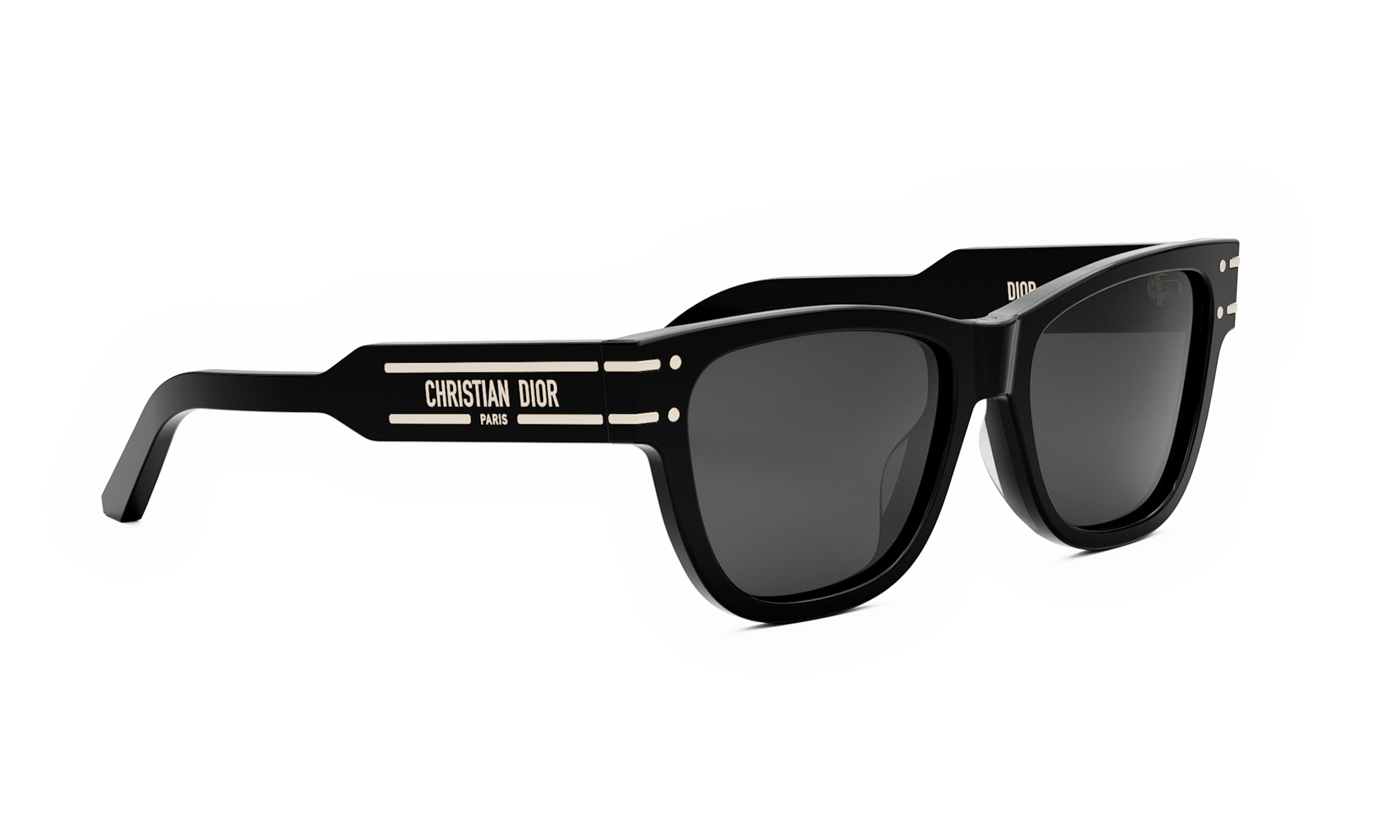 A pair of black sunglasses with the Christian Dior logo on the frame.