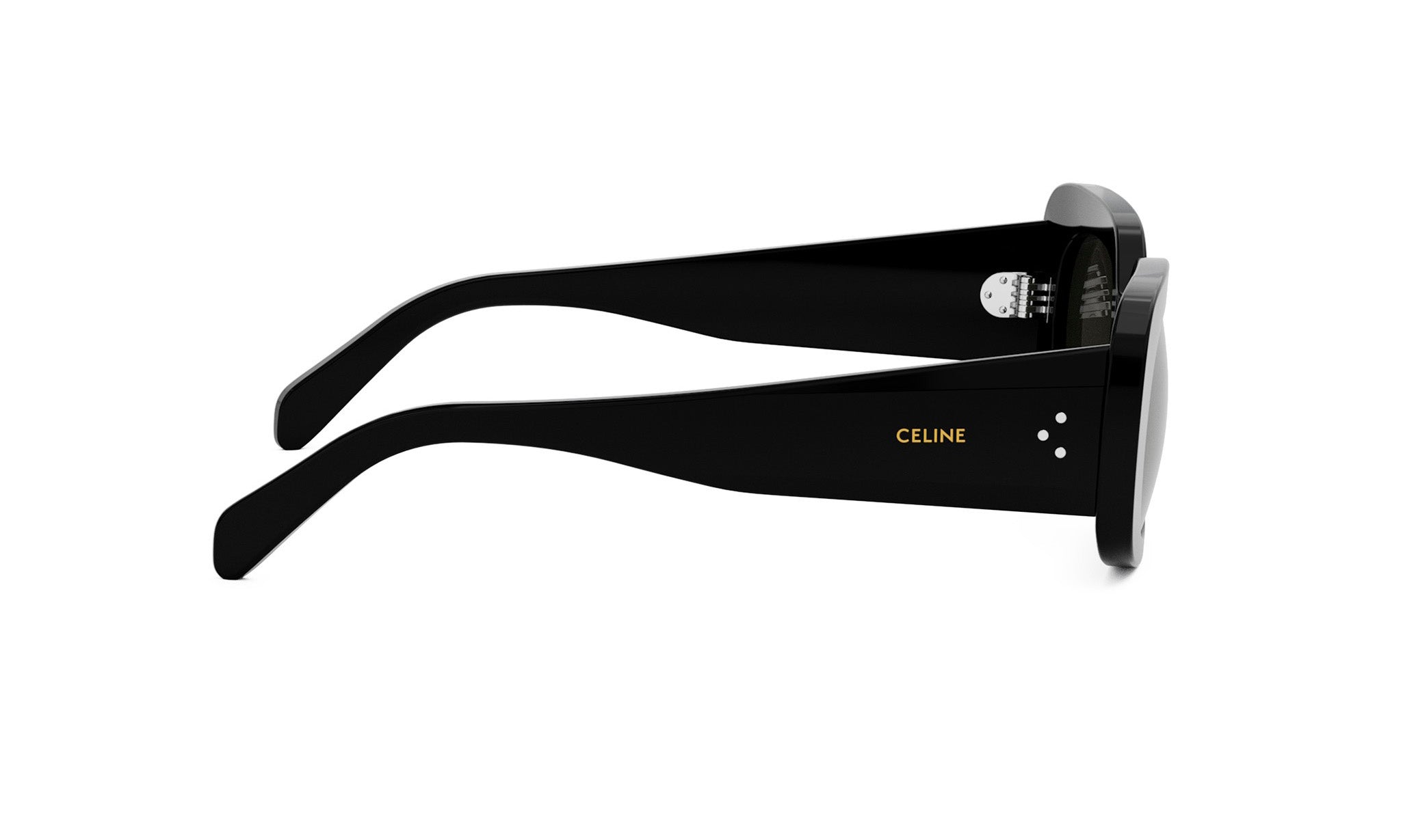 A pair of black sunglasses with the Celine logo on the side.