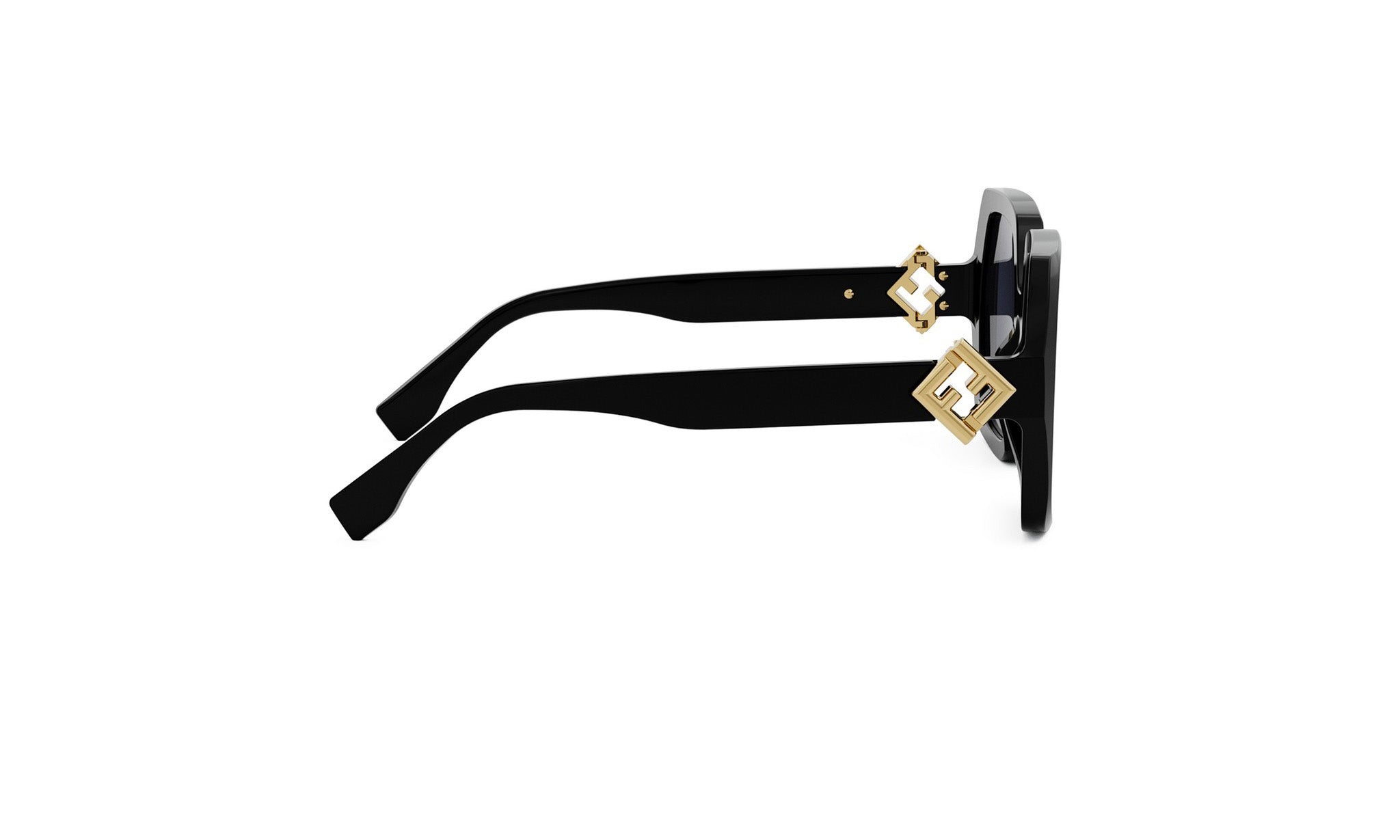 A pair of black sunglasses with gold accents, including a logo on the temples.
