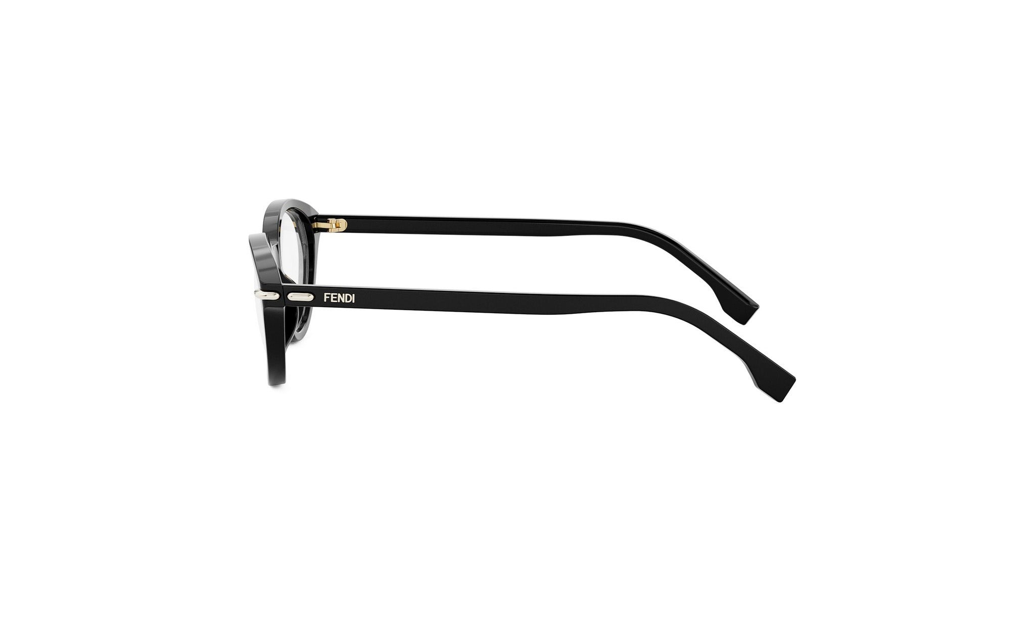 A pair of black-framed glasses with the Fendi logo visible on the temples.