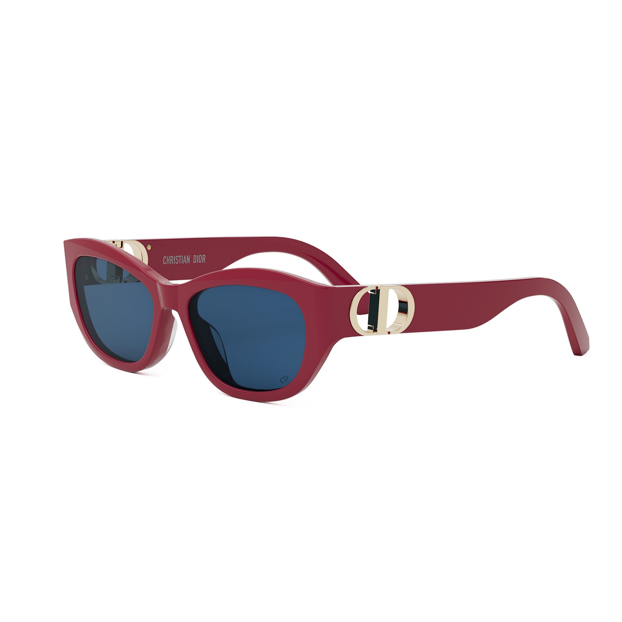 A pair of red sunglasses with blue lenses.