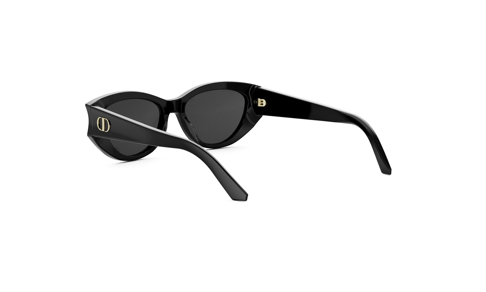 A pair of black cat-eye sunglasses with a gold logo on the frame.