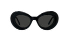 A pair of black, round sunglasses with dark lenses.