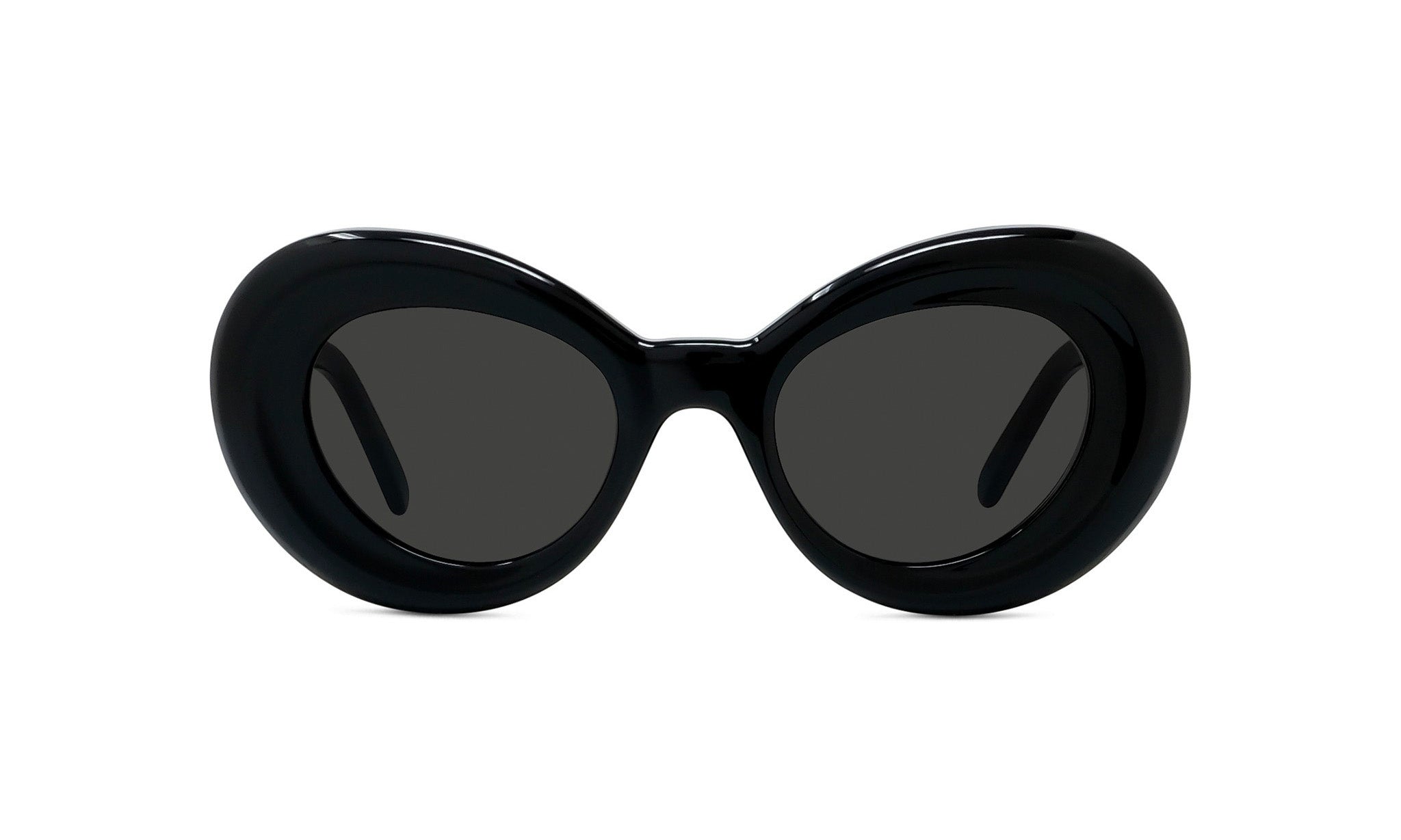 A pair of black, round sunglasses with dark lenses.