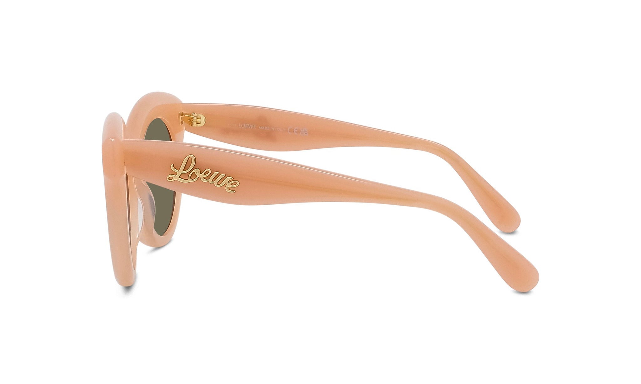 A pair of peach-colored sunglasses with the word "Lesse" printed on the frame.